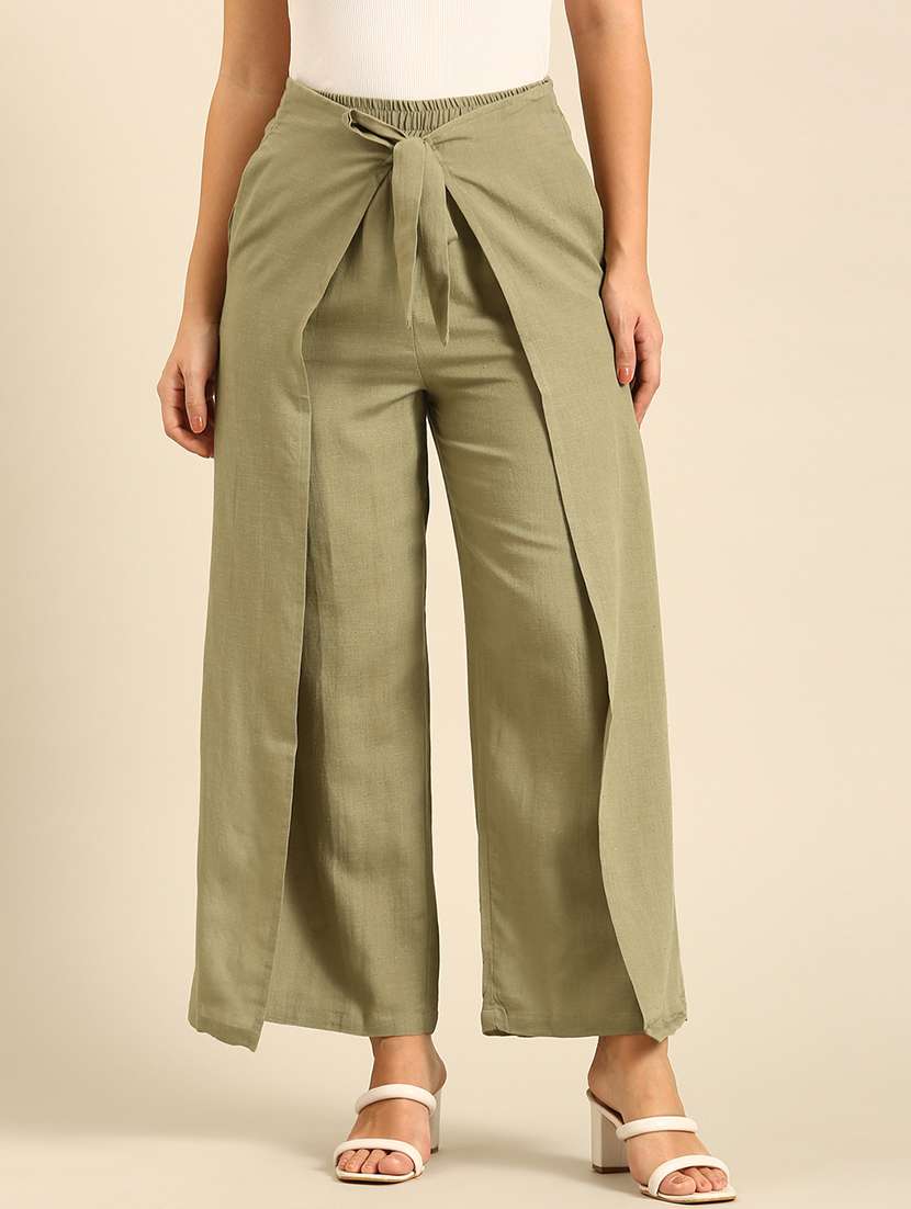 women solid high rise wrap detailed wide leg trouser