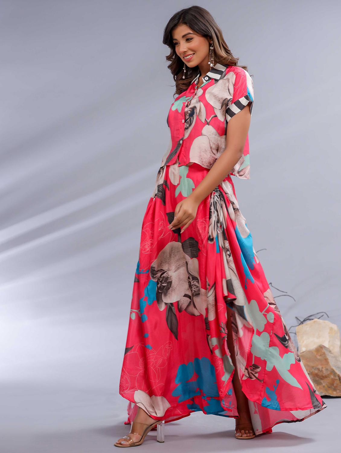 women floral top and skirt co-ords set with shrug - 21742254 - Standard Image - 1