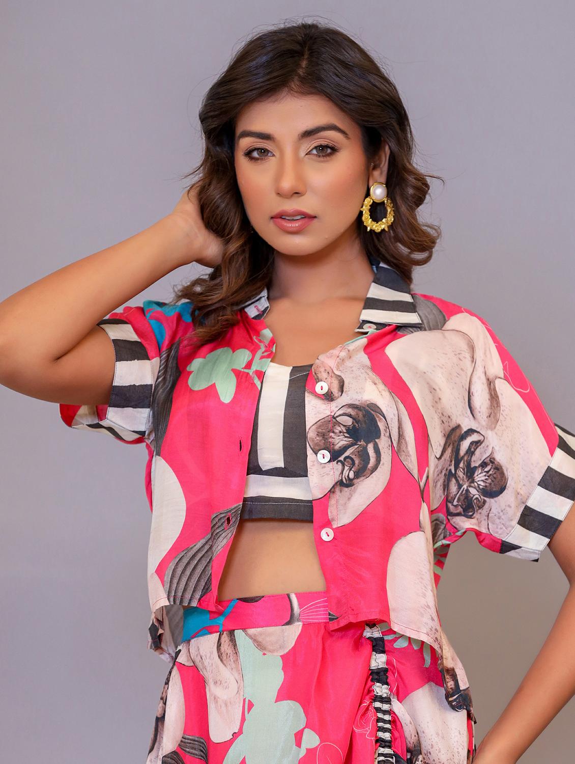 women floral top and skirt co-ords set with shrug - 21742254 - Standard Image - 4