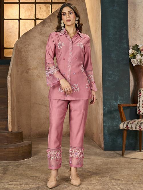 women embroidered top & trouser co-ord set - 21742292 - Standard Image - 0
