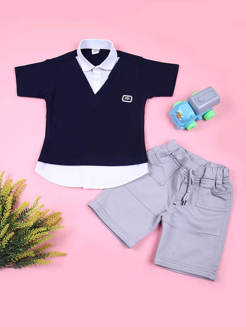 boys navy blue solid t-shirt and short set