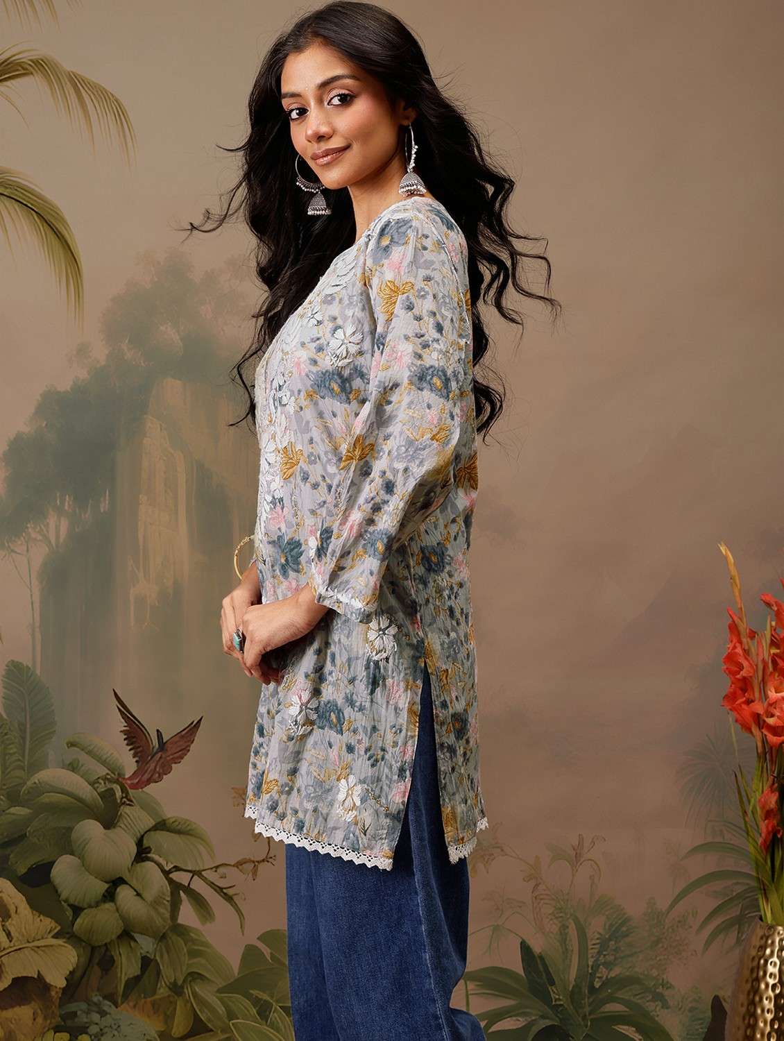 women chikankari work notch neck straight kurti - 21742522 -  Standard Image - 1