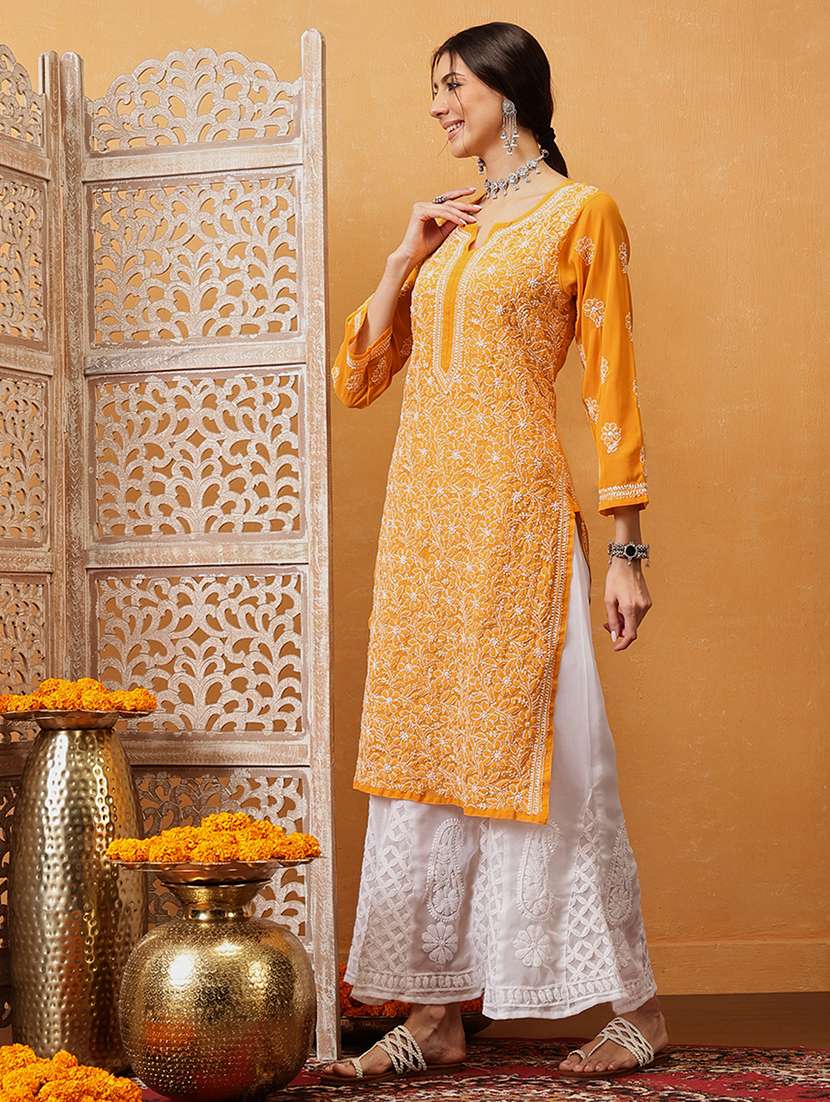 women three quarter sleeve chikankari straight kurta - 21742542 -  Standard Image - 1
