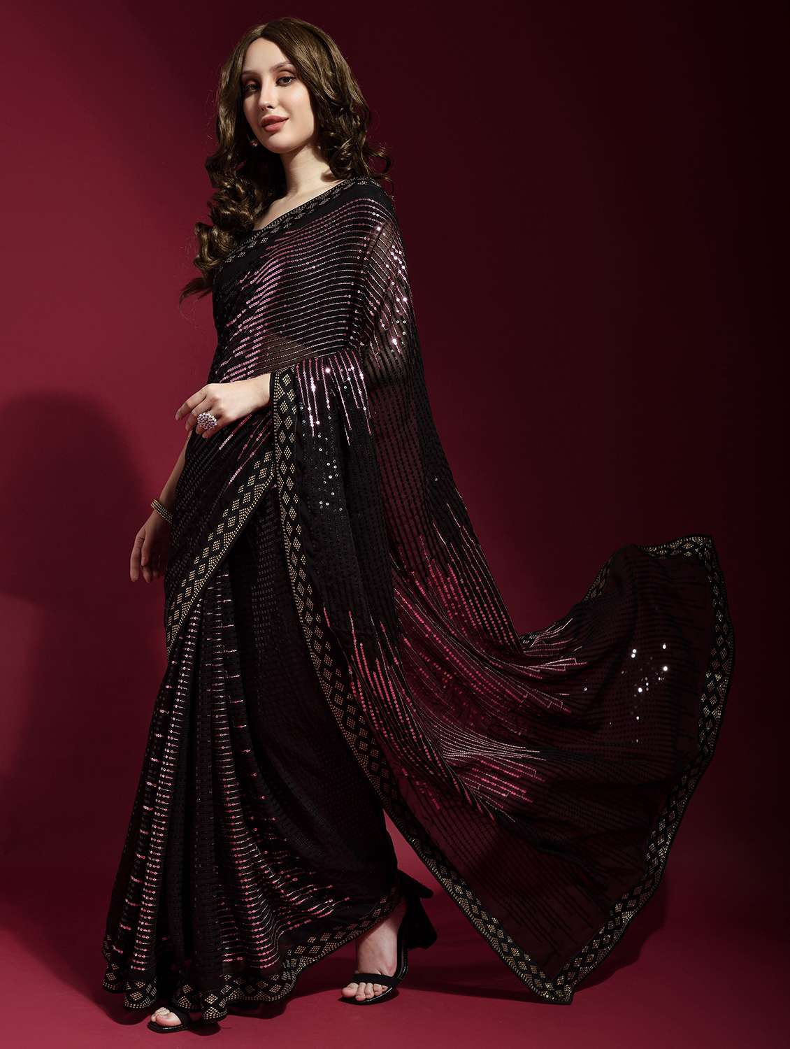 women pink sequin work party wear saree with blouse - 21742630 -  Standard Image - 1