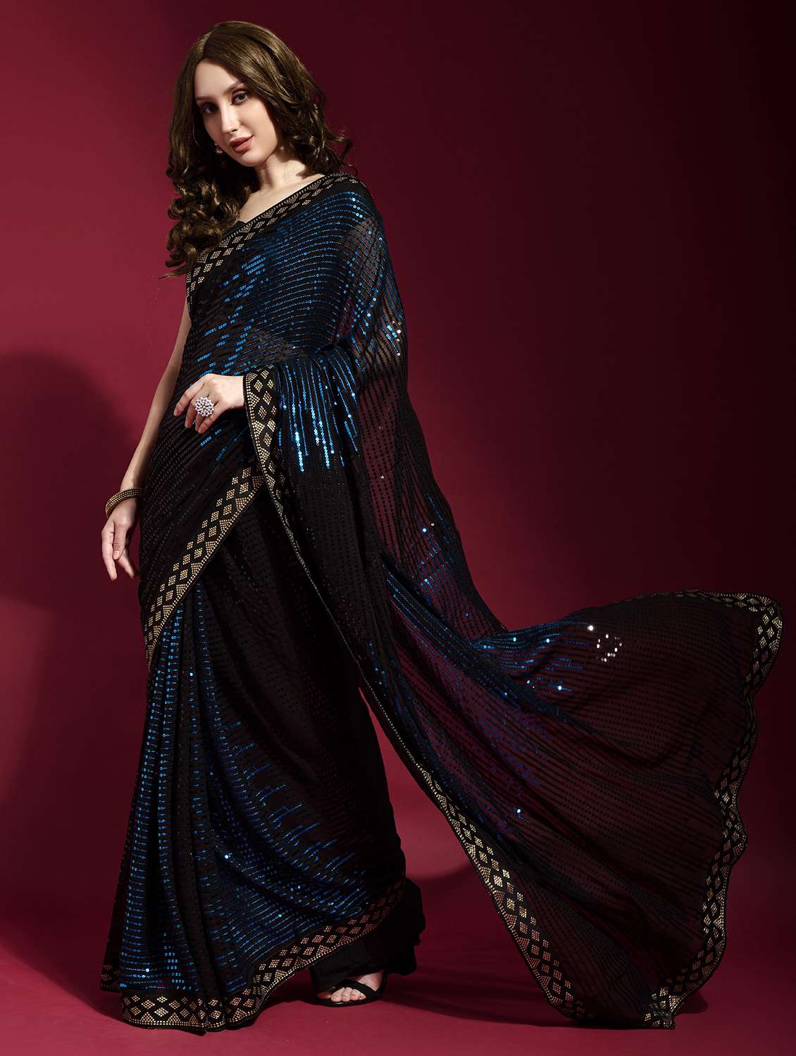 women blue sequin work party wear saree with blouse - 21742631 -  Standard Image - 1