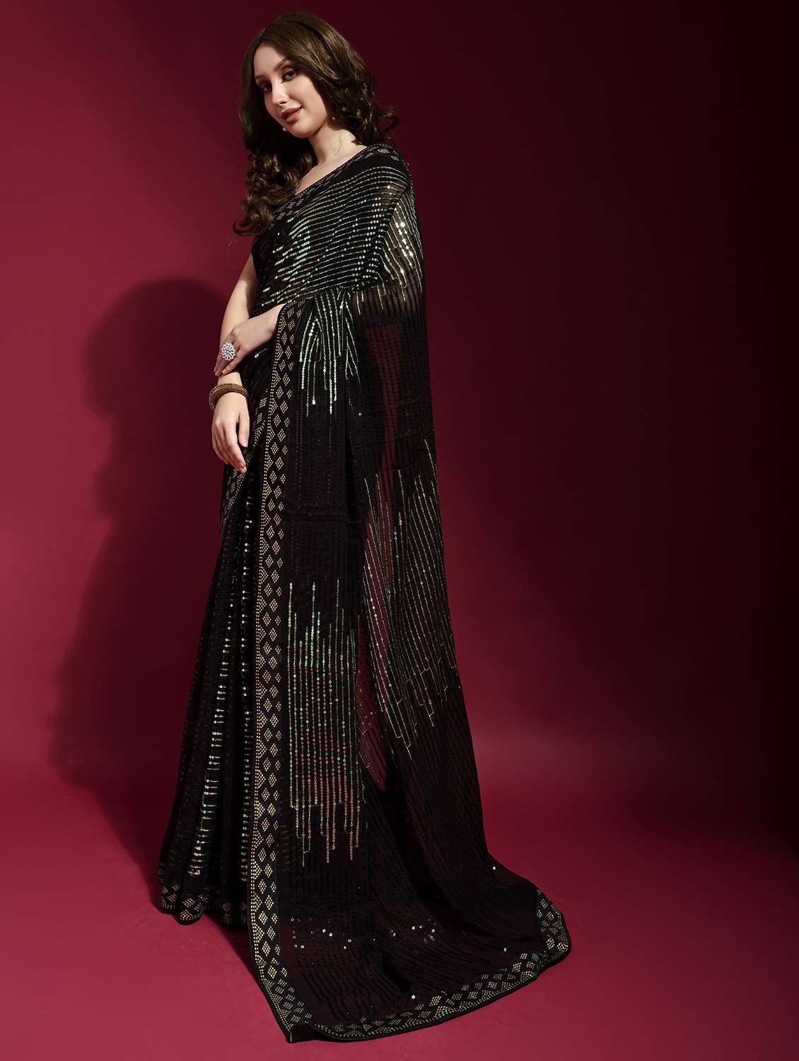 women black sequin work party wear saree with blouse - 21742632 -  Standard Image - 1