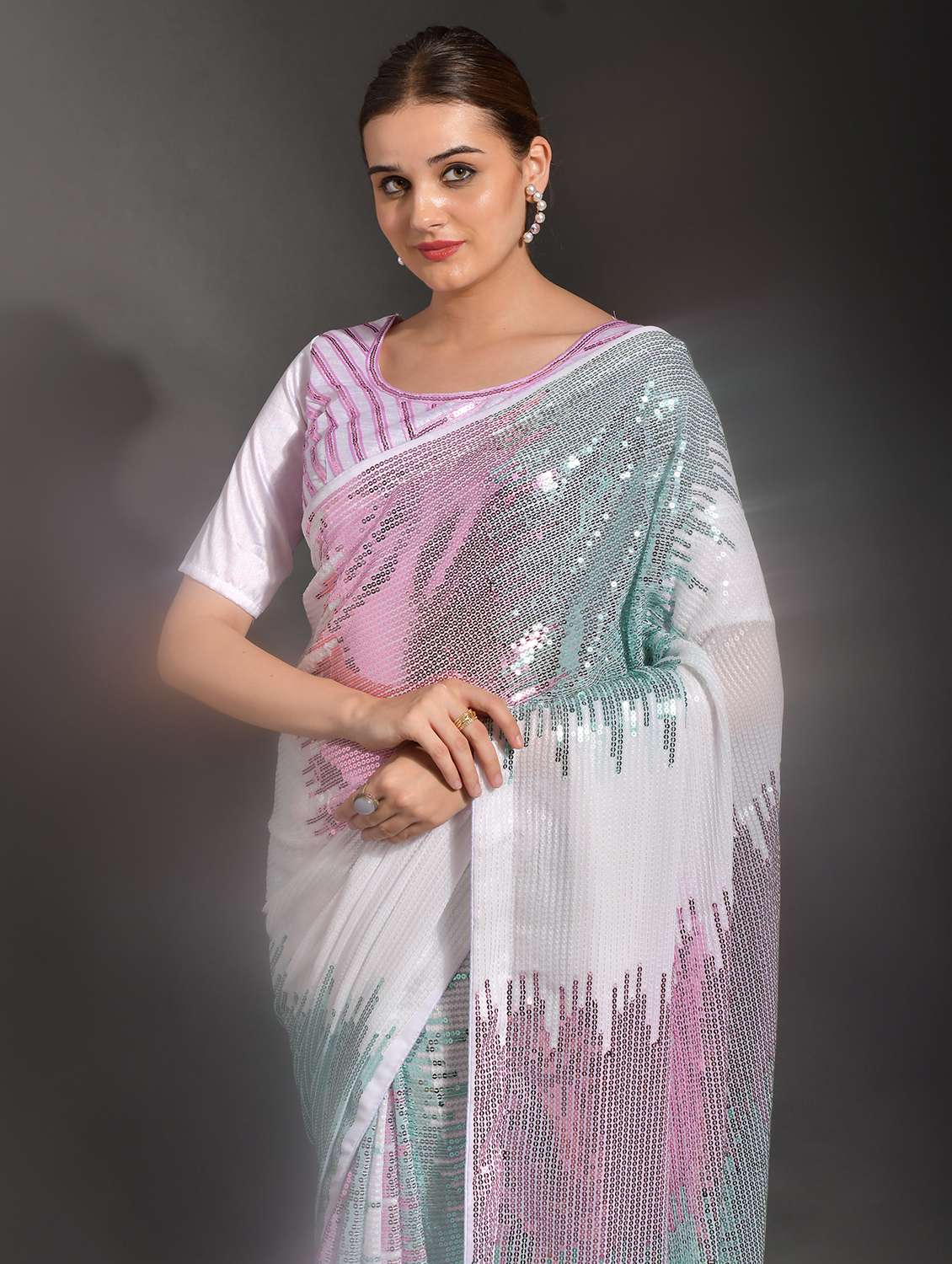 women sequined detailed party wear saree with blouse - 21742638 - Standard Image - 1