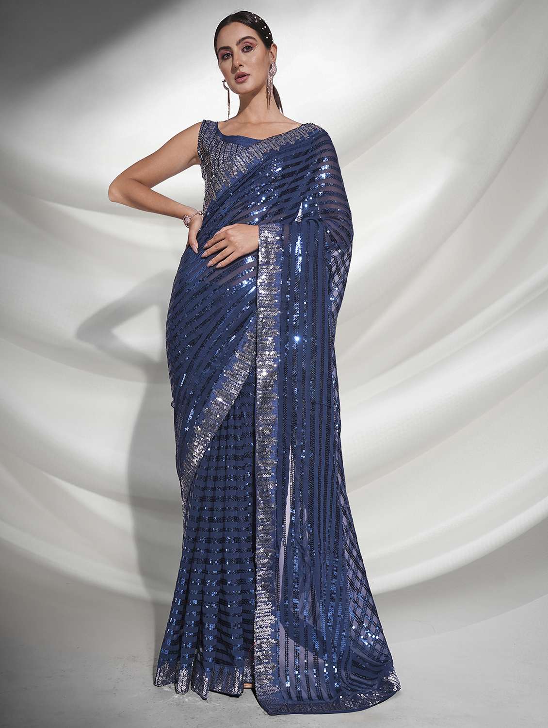 women blue sequin work party wear saree with blouse