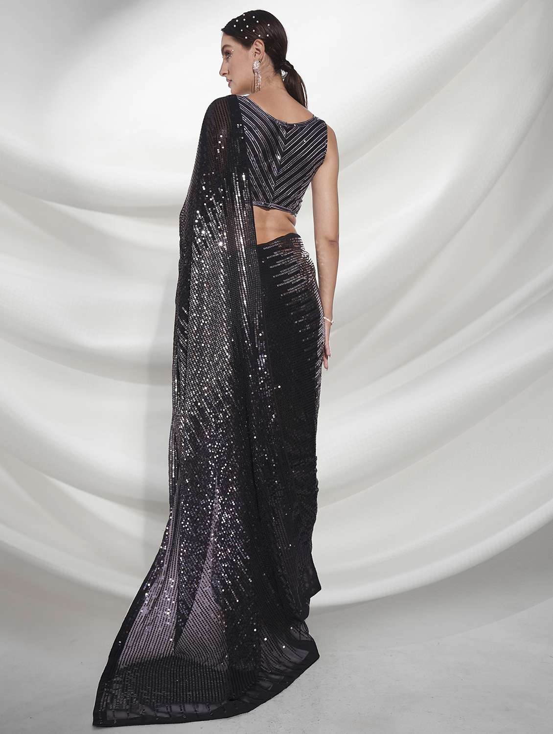 women black sequin work party wear saree with blouse - 21742655 - Standard Image - 1
