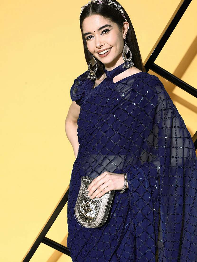 women blue sequin work party wear saree with blouse - 21742659 -  Standard Image - 1