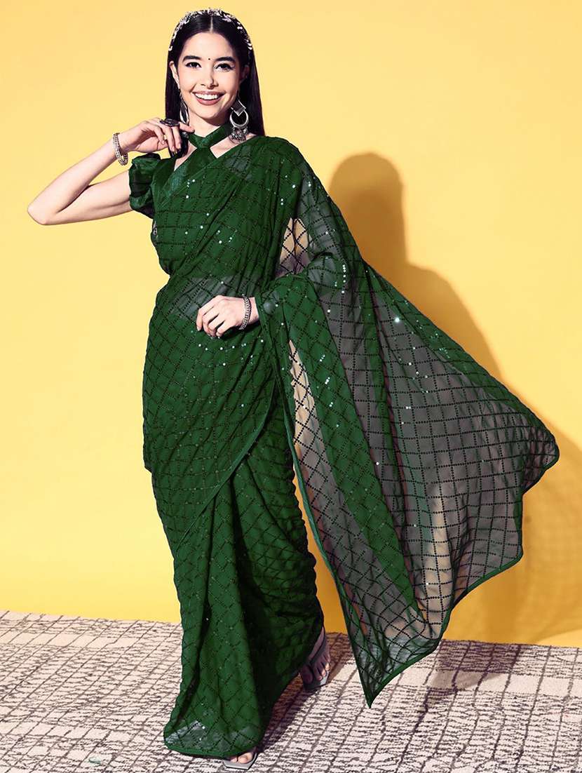 women green sequin work party wear saree with blouse
