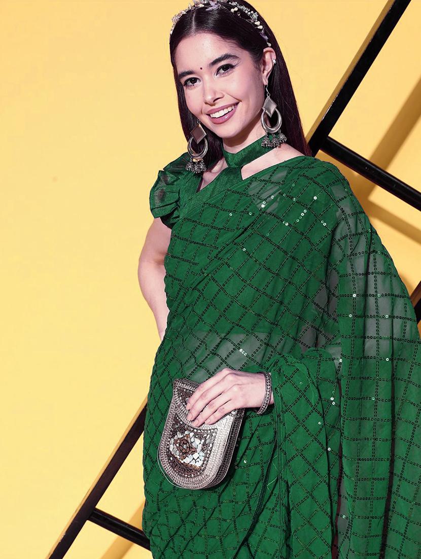 women green sequin work party wear saree with blouse - 21742660 - Standard Image - 1