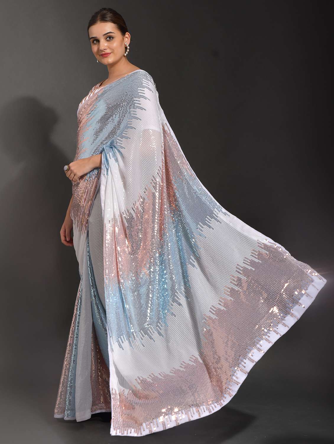 women light blue sequin work party wear saree with blouse - 21742670 - Standard Image - 1