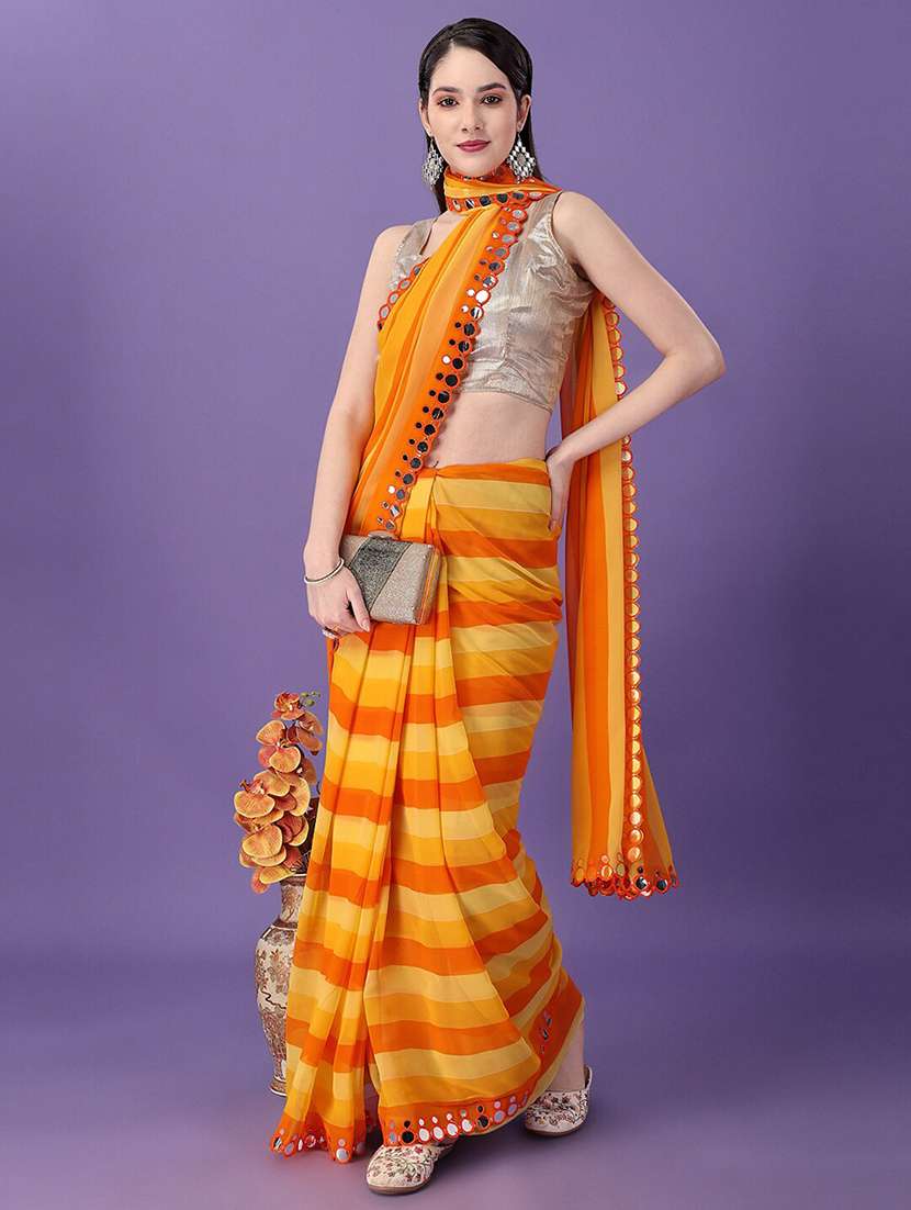 women yellow stripes printed mirror work saree with blouse - 21742671 -  Standard Image - 1