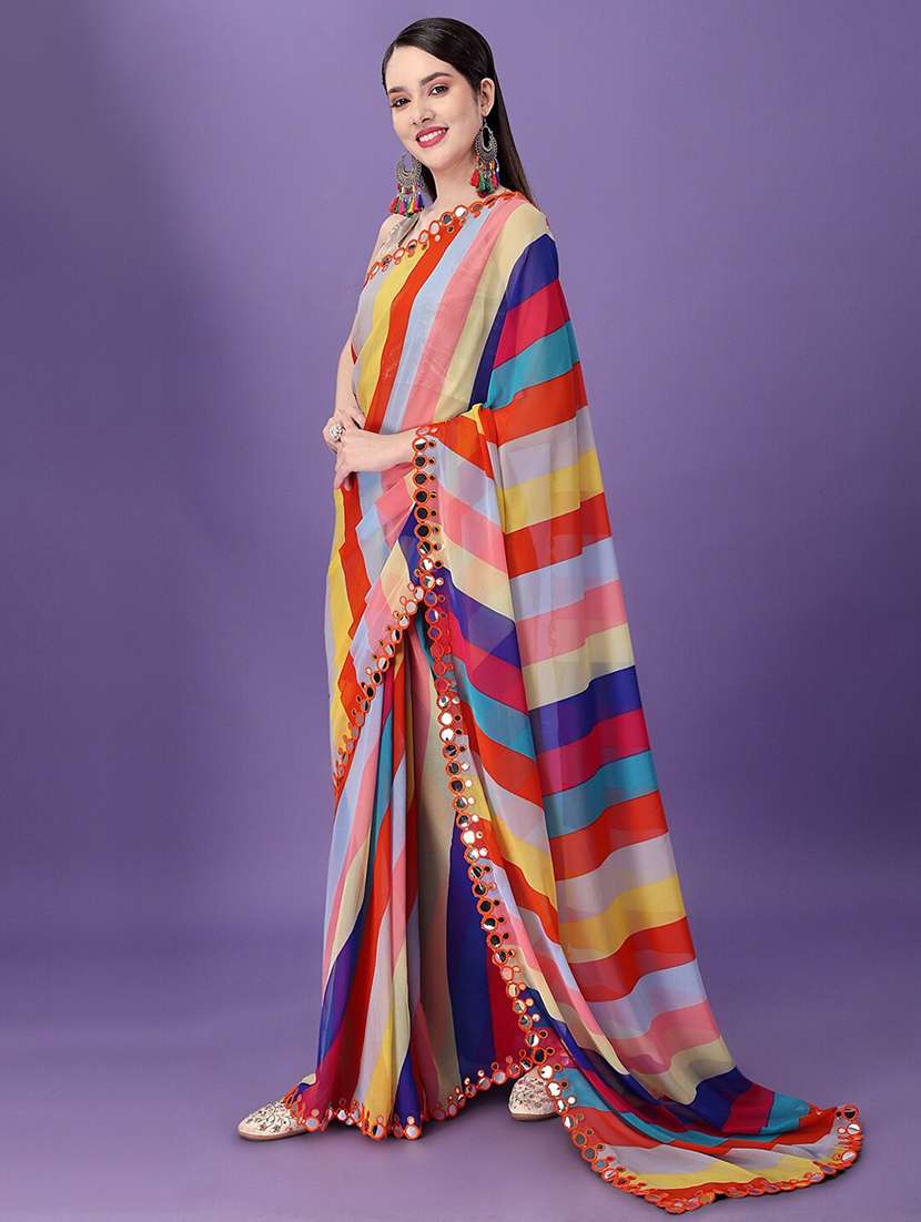 women multi color stripes printed mirror work saree with blouse - 21742672 -  Standard Image - 1