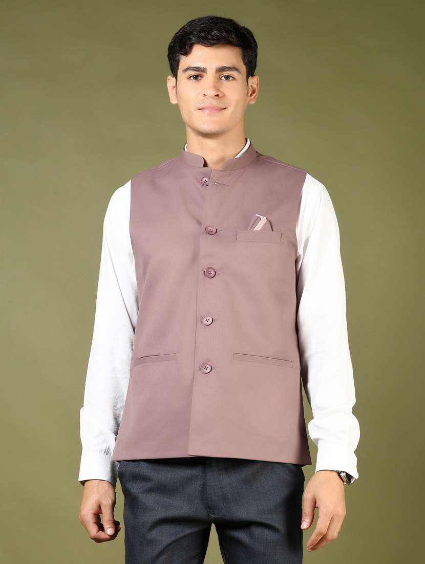men mauve solid mndarin neck nehru jacket - 21742763 -  Standard Image - 1