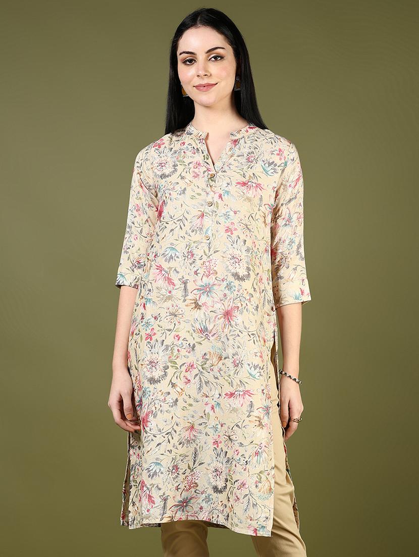 women beige three quarter sleeve straight kurta - 21742765 - Zoom Image - 0