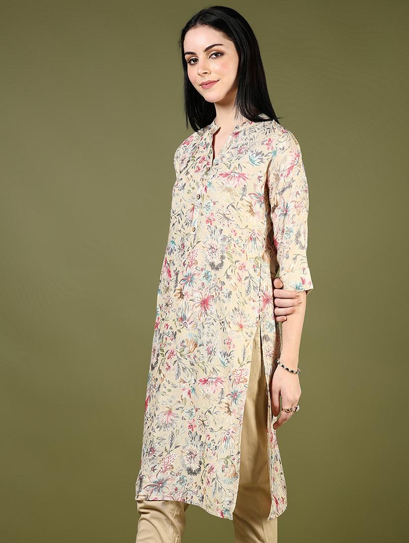 women beige three quarter sleeve straight kurta - 21742765 - Standard Image - 1