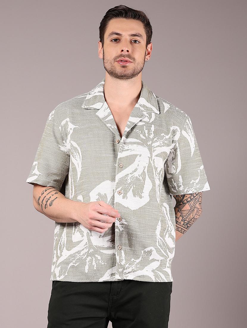 men printed cuban collared loose fit casual shirt