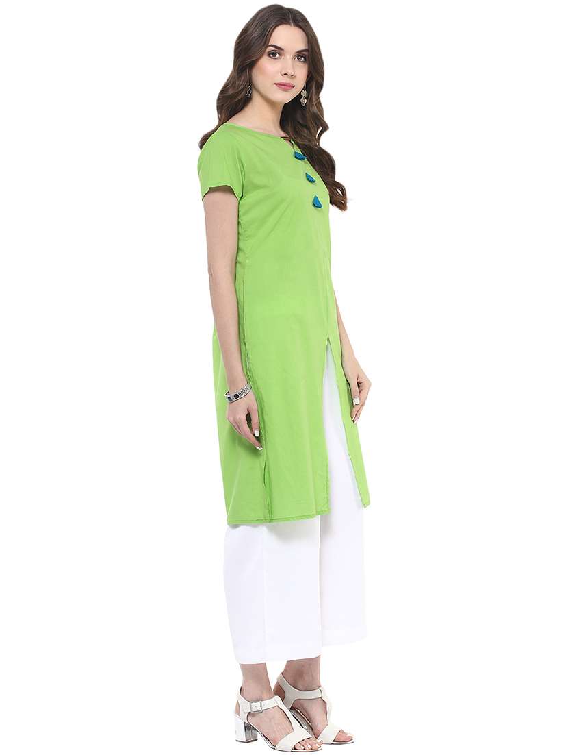 women green solid key hole neck front slit kurta - 21742943 -  Standard Image - 1
