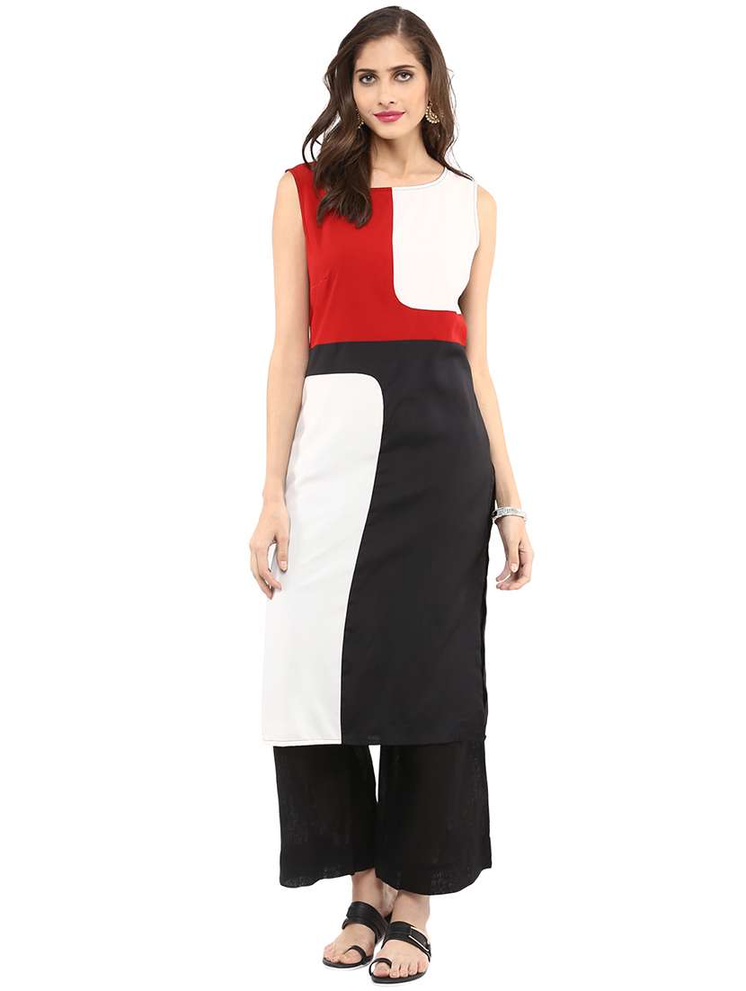 women color block round neck kurta - 21742955 -  Standard Image - 1