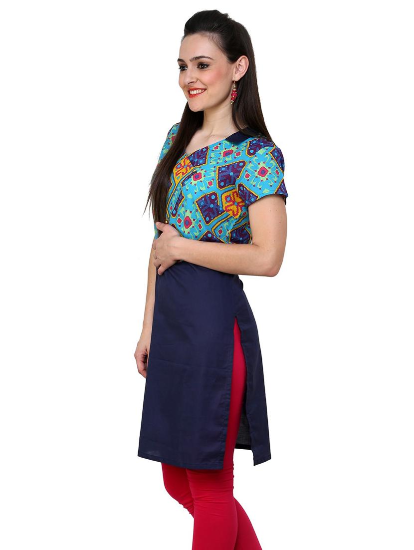 women blue printed v neck a-line kurta - 21742979 - Standard Image - 1