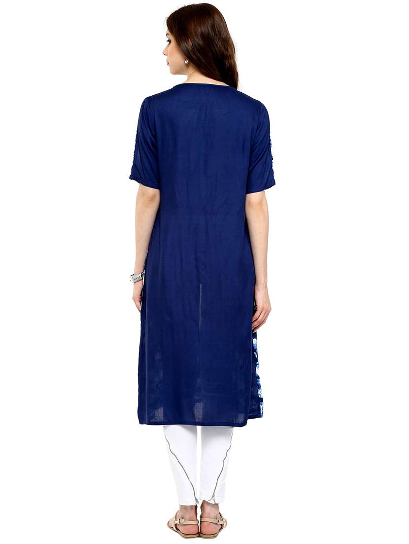 women blue printed round neck front slit kurta - 21743055 -  Standard Image - 1