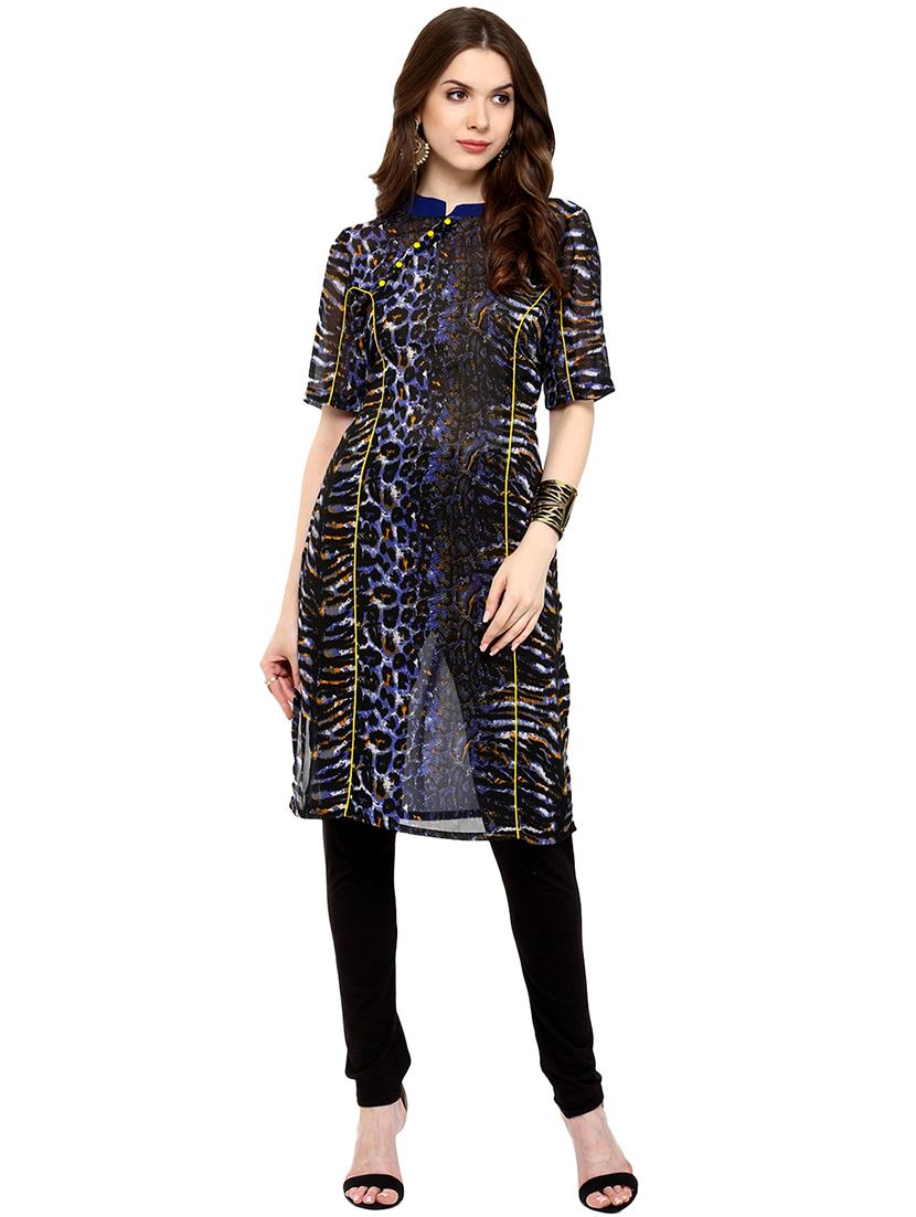 women navy blue printed a-line kurta - 21743058 -  Standard Image - 1