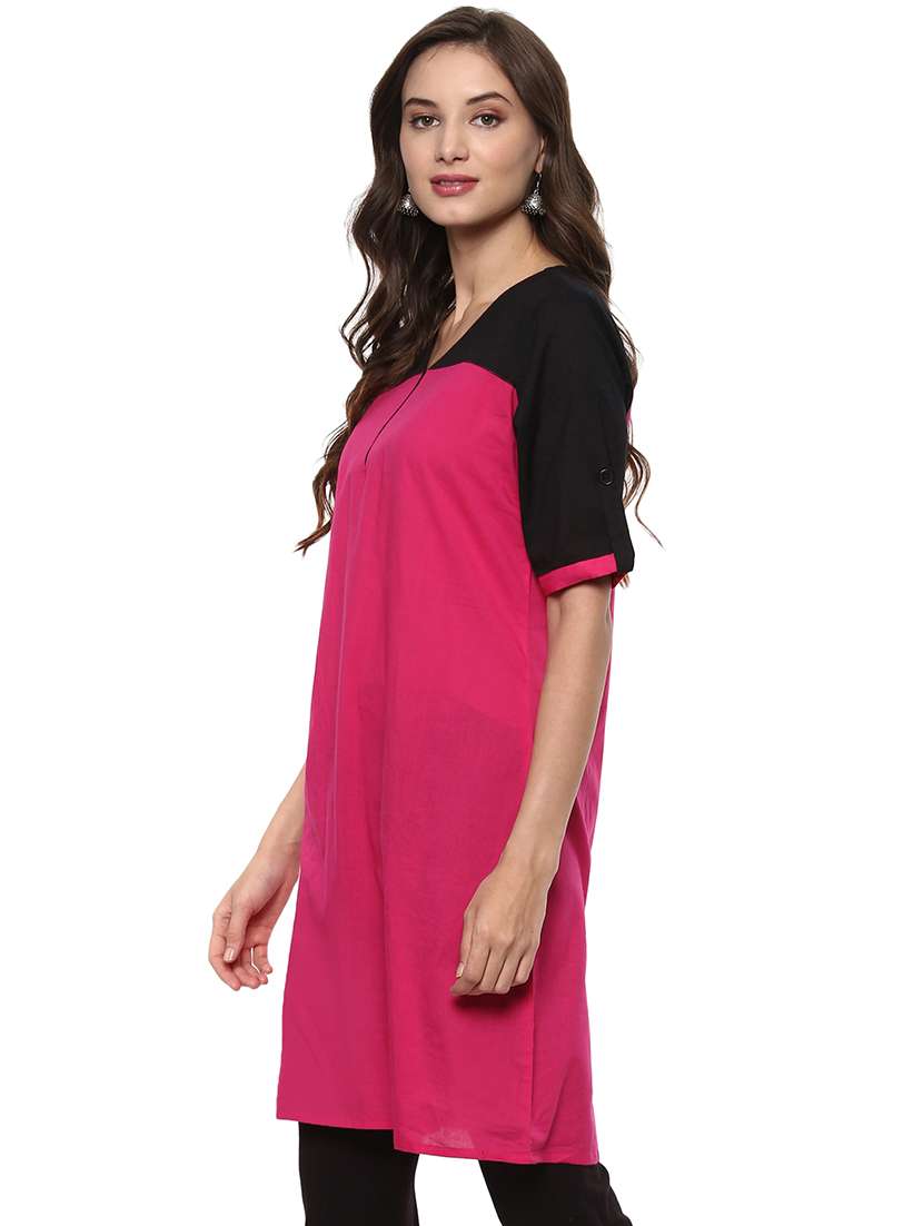 women pink solid v neck a-line kurta - 21743075 -  Standard Image - 1