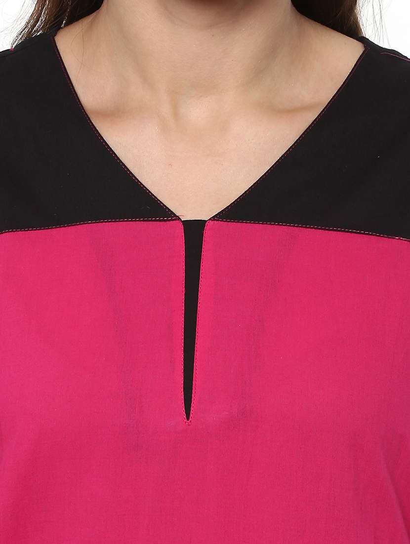 women pink solid v neck a-line kurta - 21743075 -  Standard Image - 4