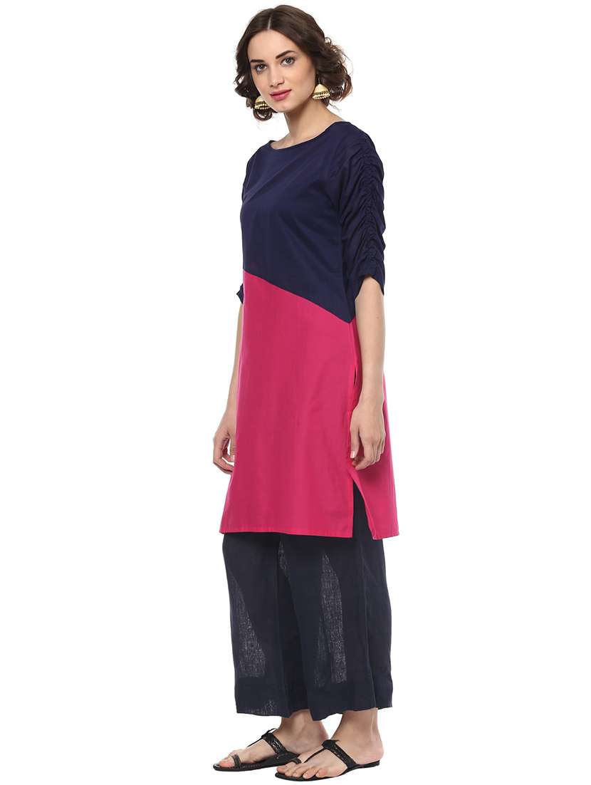 women pink solid round neck straight kurta - 21743077 - Standard Image - 1
