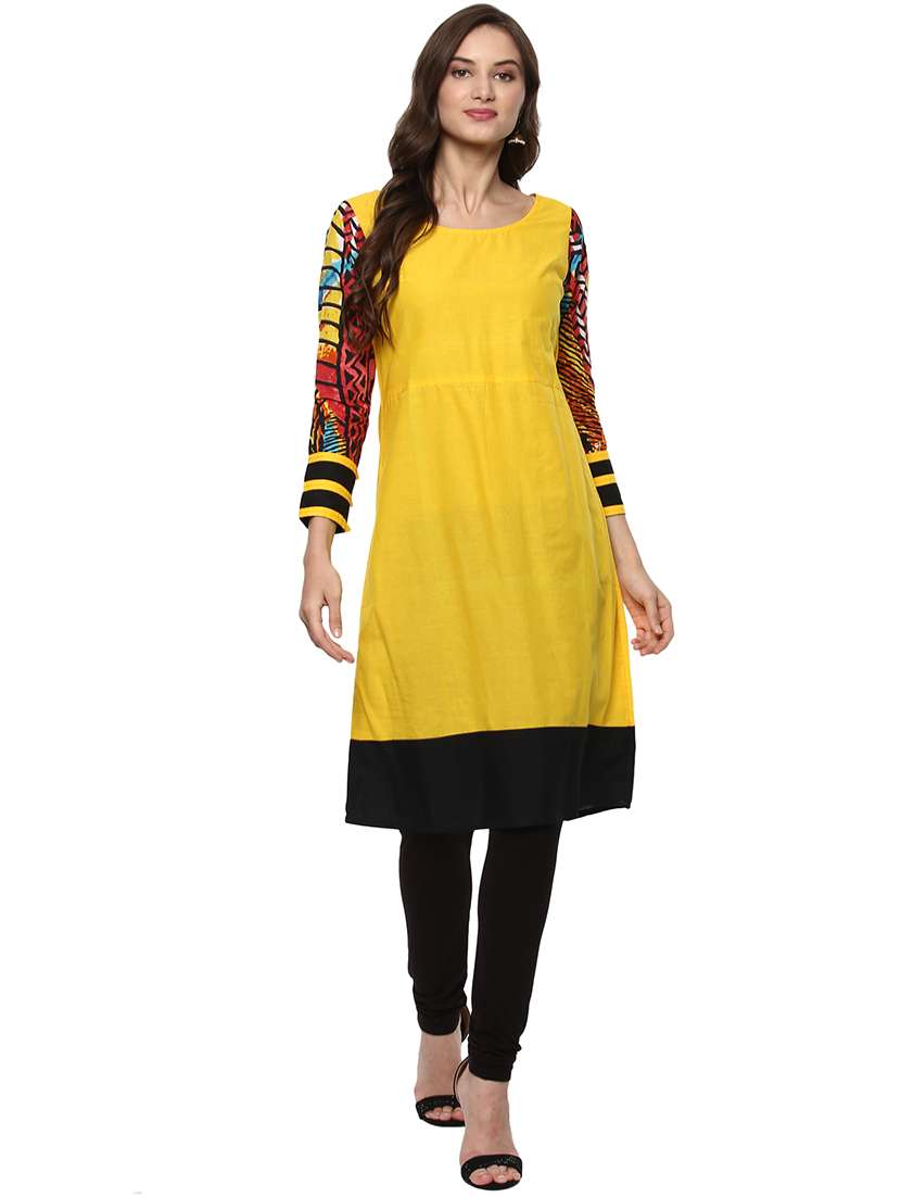 women yellow color block roun neck a-line kurta - 21743079 -  Standard Image - 1