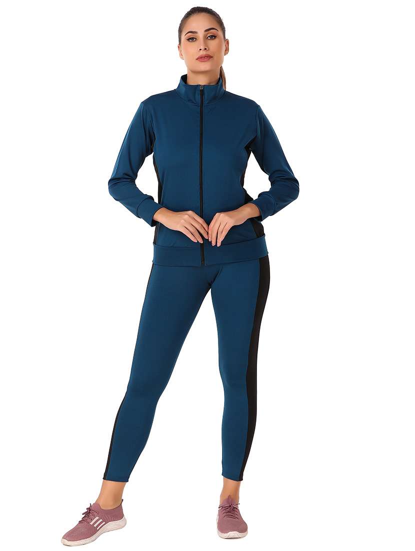 women teal color block active wear co-ords set