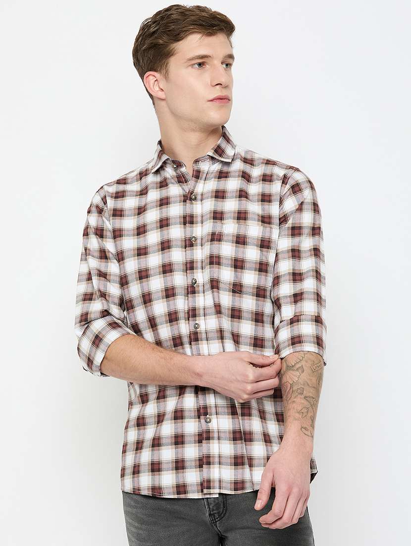 men long sleeves checkered casual shirt