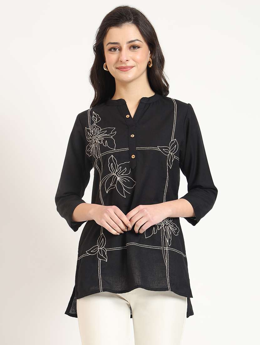 women embroidered mandarin neck high low tunic