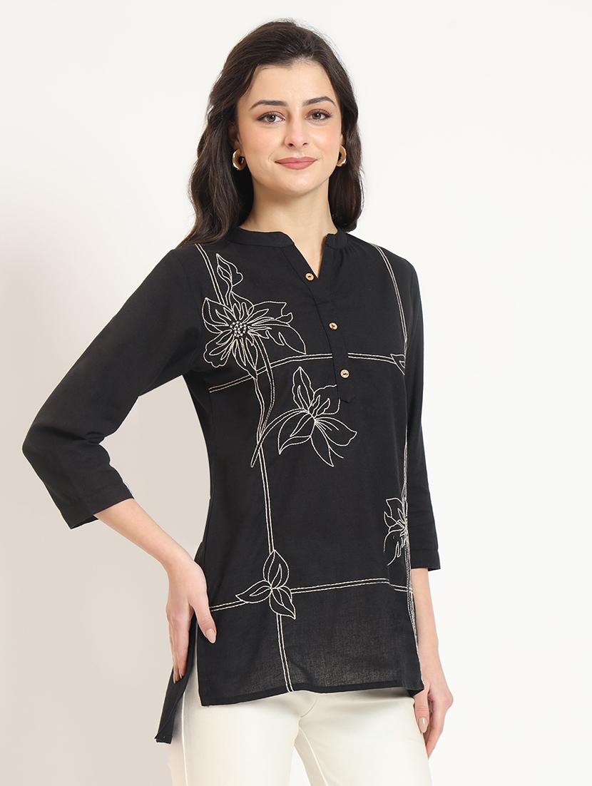 women embroidered mandarin neck high low tunic - 21743410 - Standard Image - 1