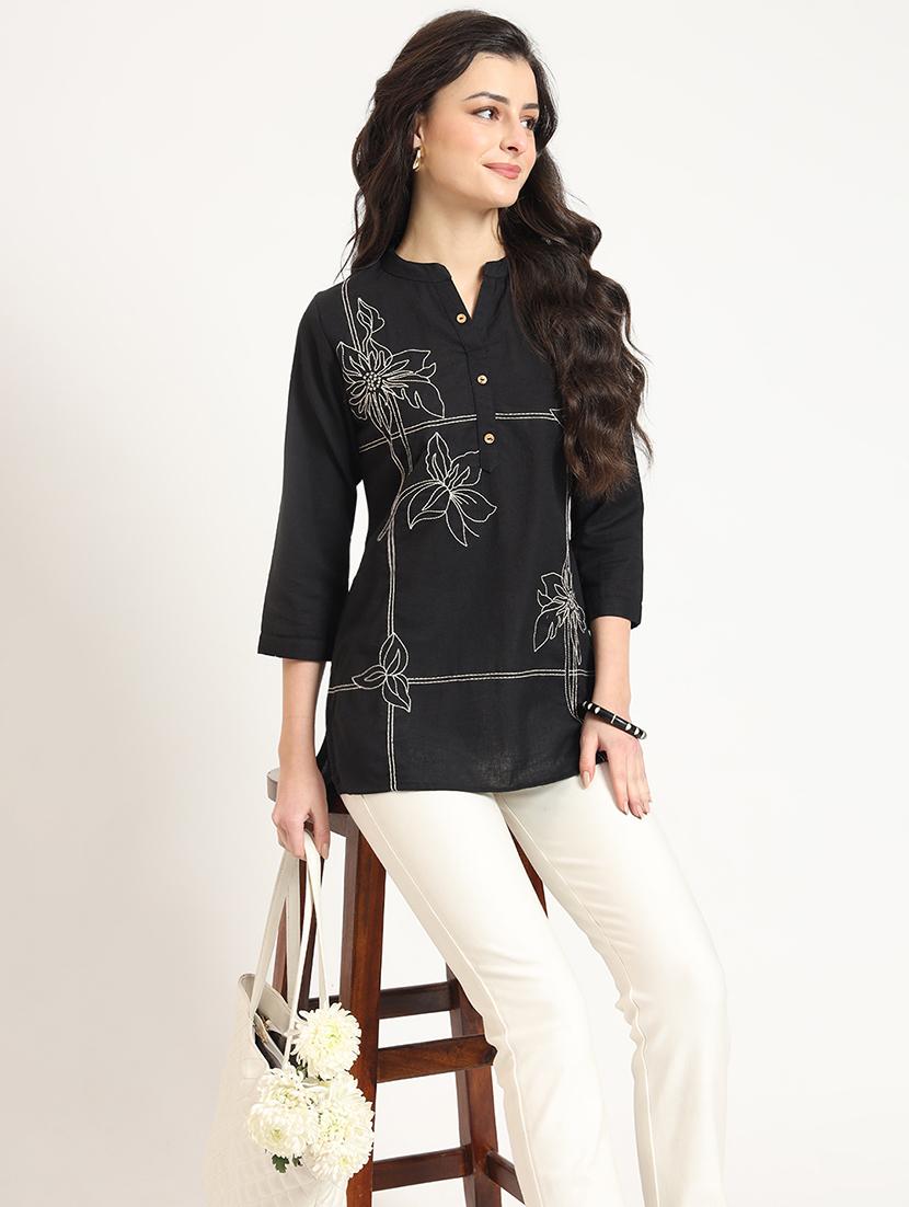 women embroidered mandarin neck high low tunic - 21743410 - Standard Image - 4