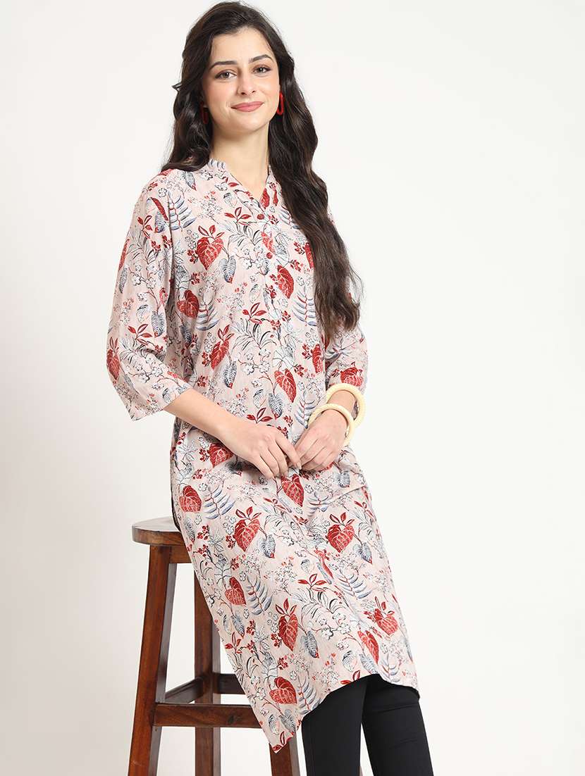 women floral three quarter sleeve straight kurta - 21743620 - Standard Image - 4