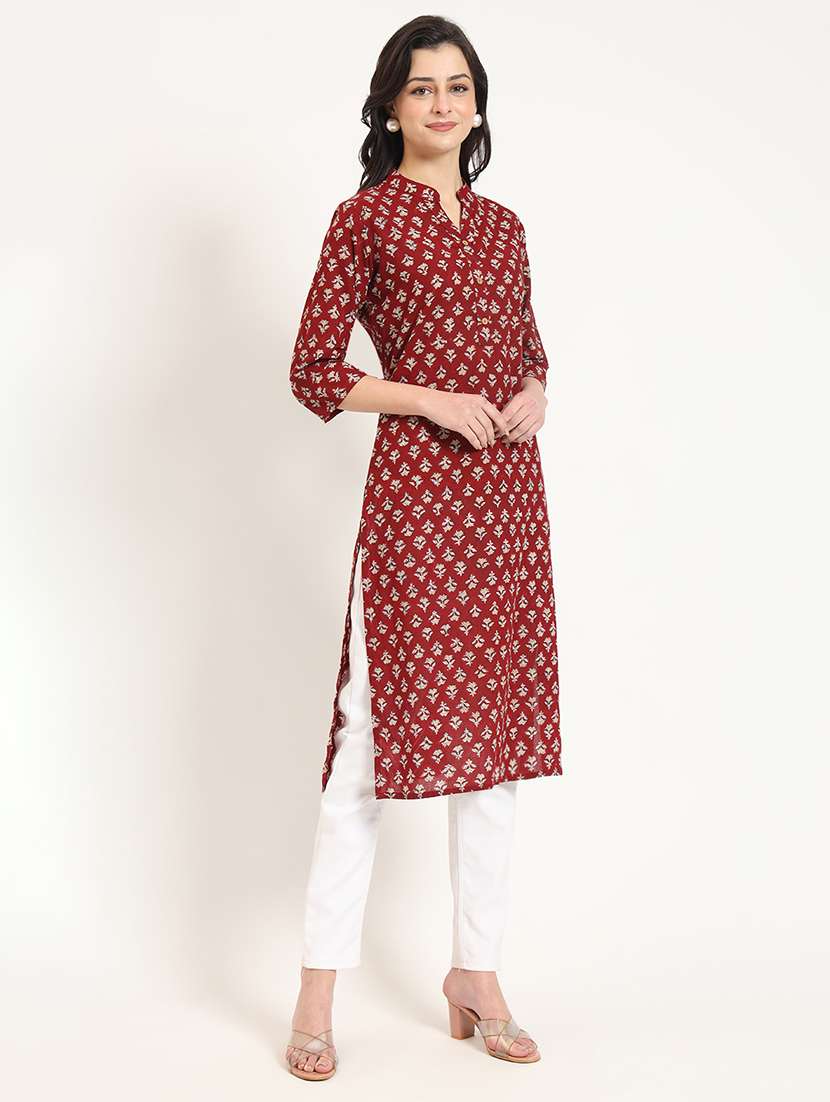 women maroon three quarter sleeve straight kurta - 21743621 -  Standard Image - 1