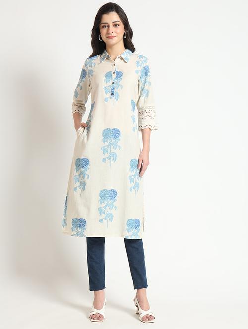 women cream three quarter sleeve straight kurta - 21743623 - Standard Image - 0