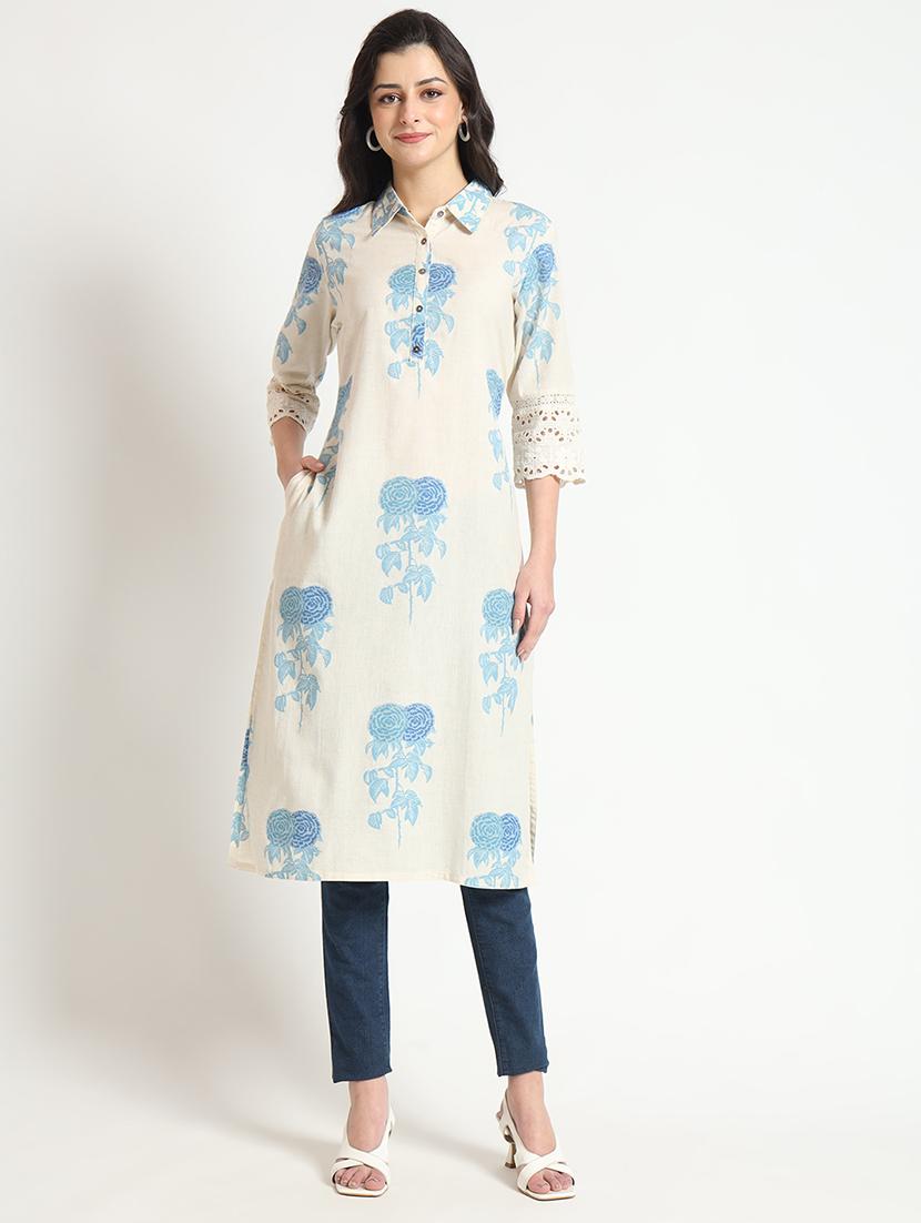 women cream three quarter sleeve straight kurta - 21743623 - Zoom Image - 0