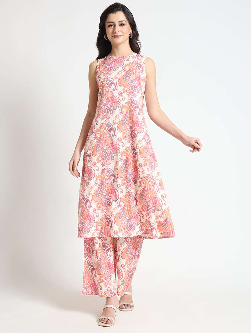 women cream printed sleeveless kurta palazzo set