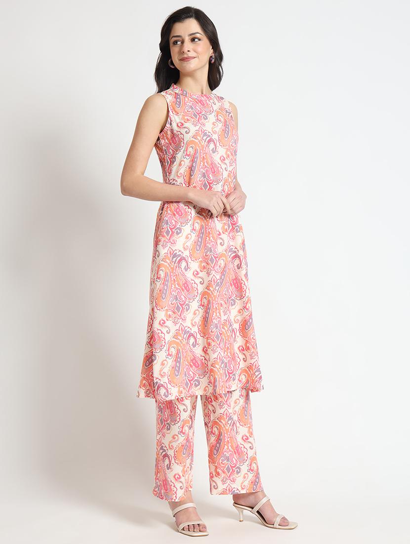 women cream printed sleeveless kurta palazzo set - 21743653 - Standard Image - 1