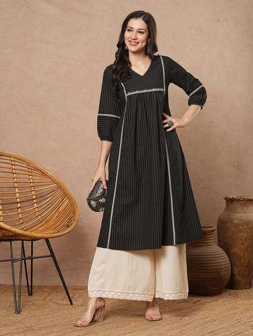 women striped three quarter sleeve a-line kurta - 21743663 - Standard Image - 0