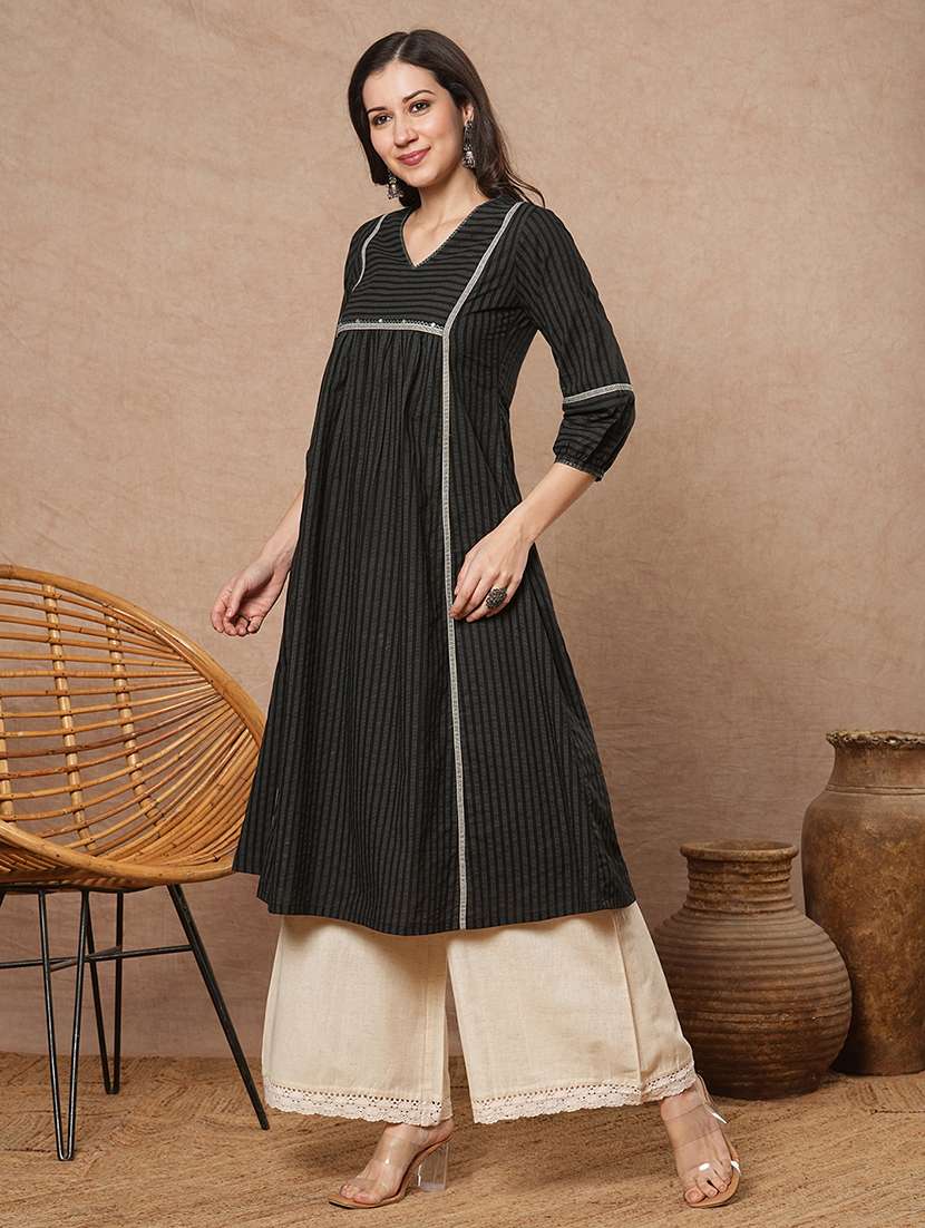 women striped three quarter sleeve a-line kurta - 21743663 - Standard Image - 1