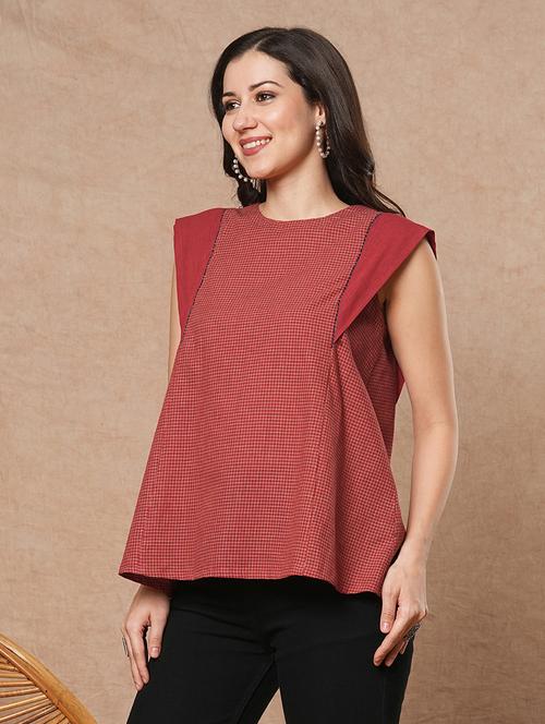 women checkered round neck top - 21743668 - Standard Image - 0