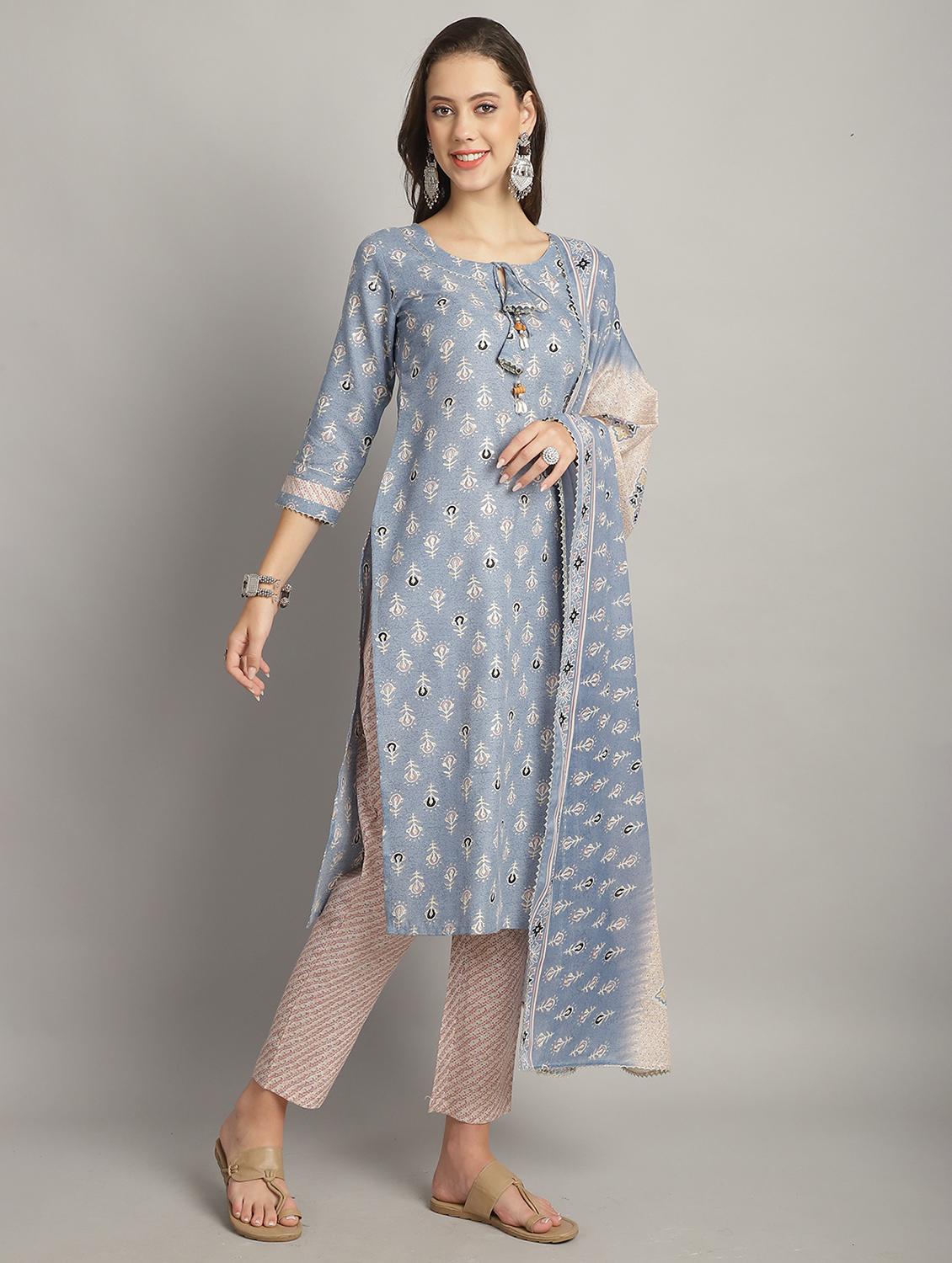 women three quarter sleeve kurta pant with dupatta set - 21743870 - Standard Image - 1