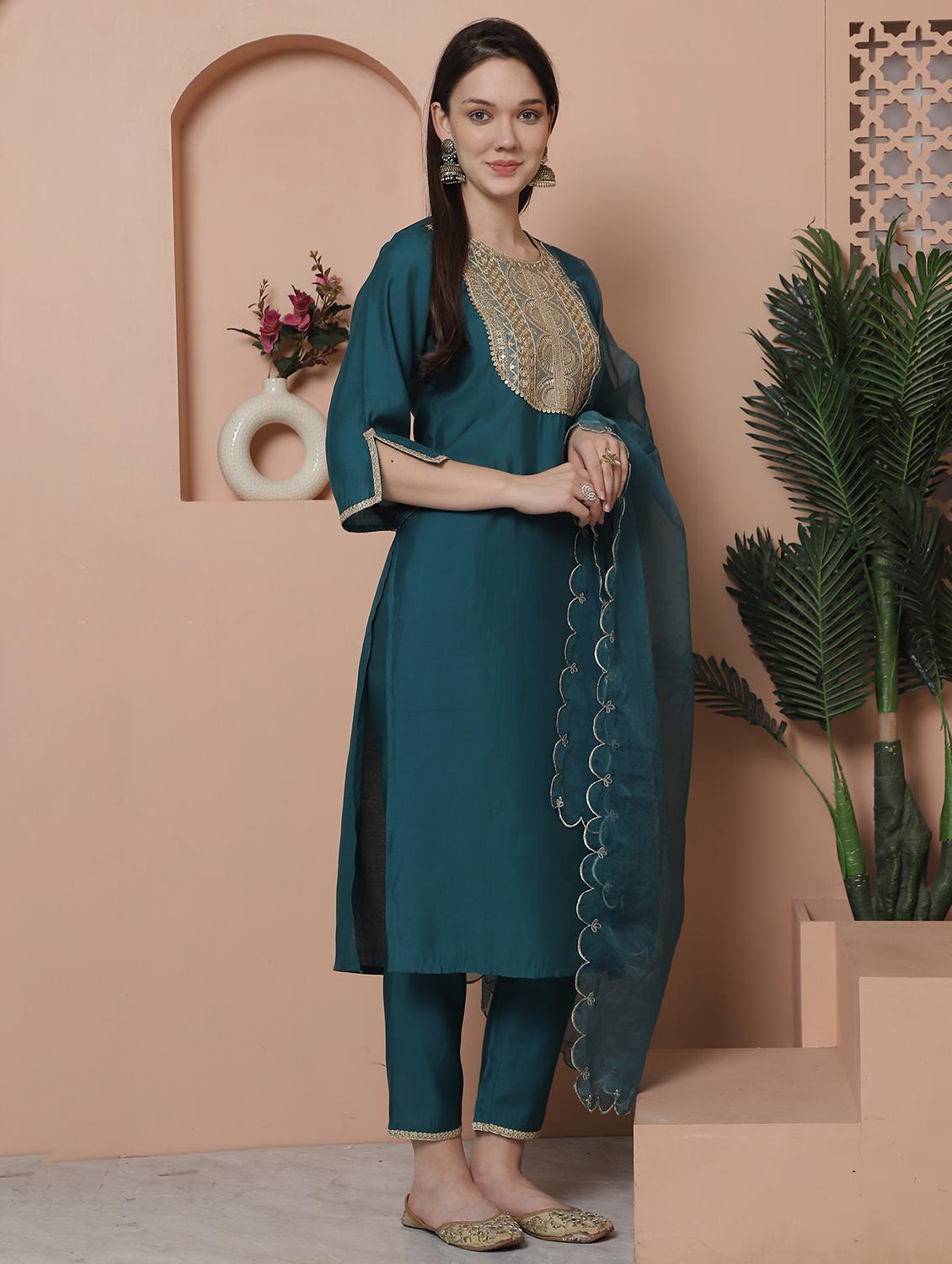 women three quarter sleeve kurta pant with dupatta set - 21743875 -  Standard Image - 1