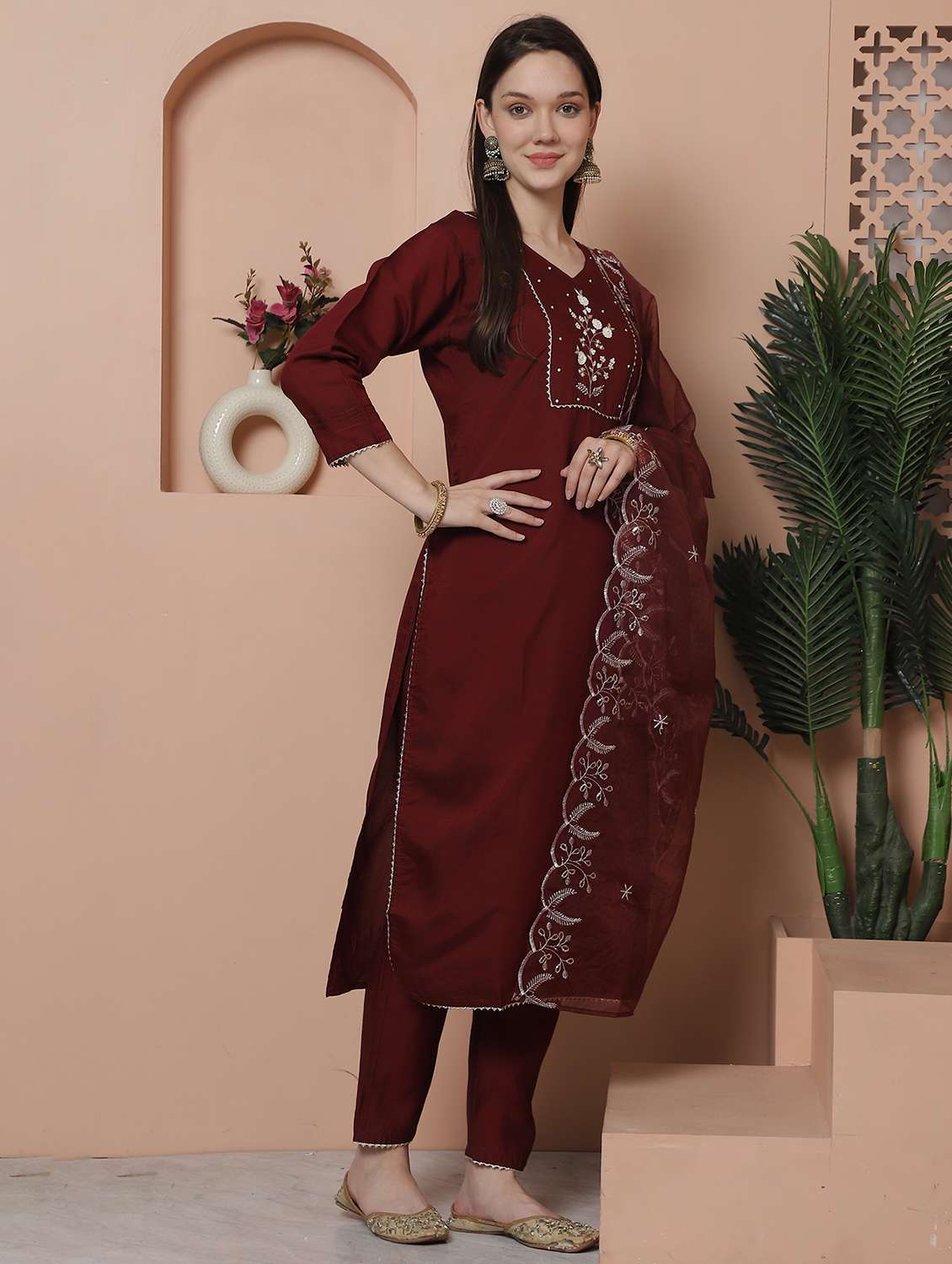 women three quarter sleeve kurta pant with dupatta set - 21743878 - Standard Image - 4