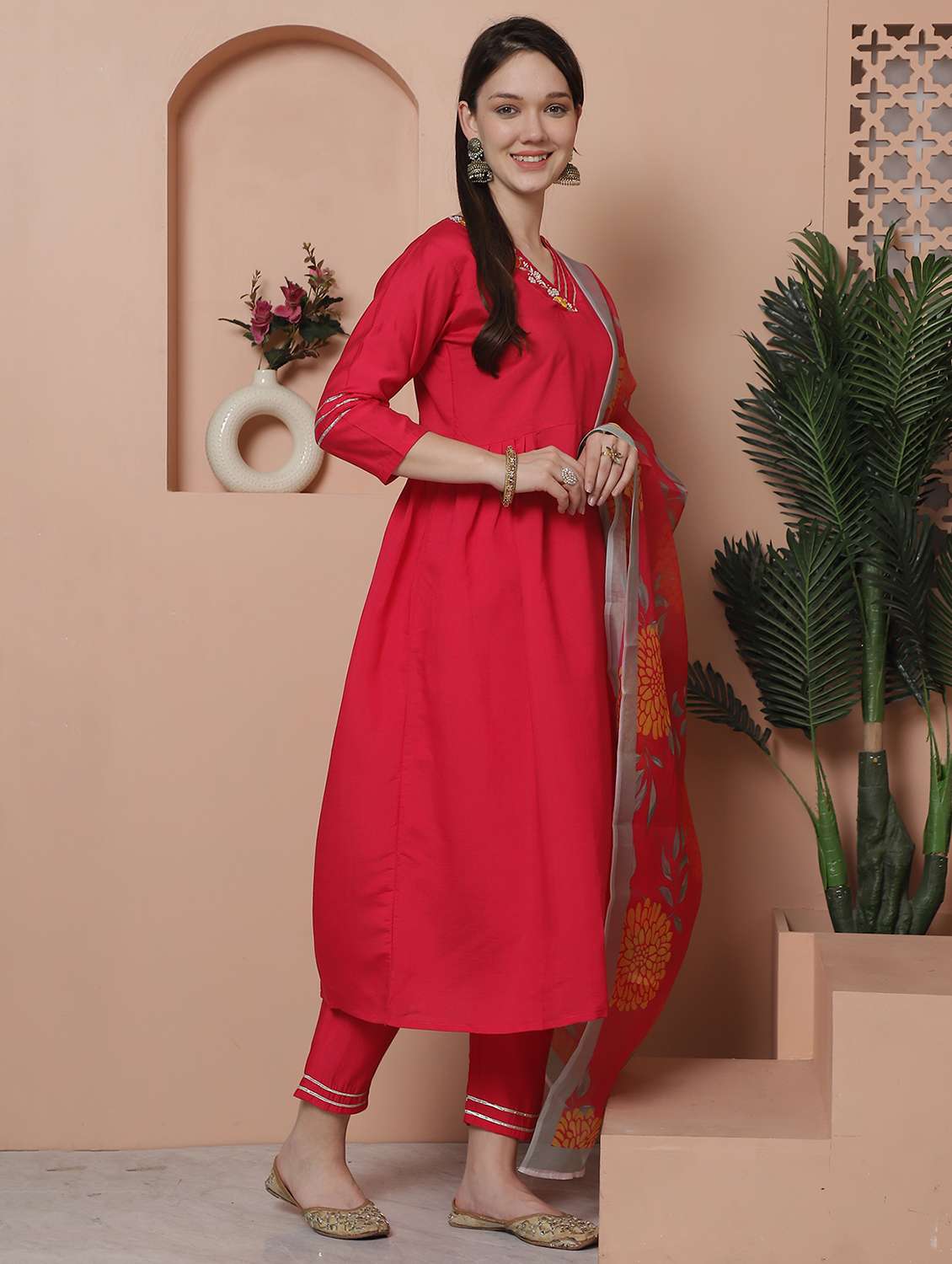 women three quarter sleeve kurta pant with dupatta set - 21743880 -  Standard Image - 1